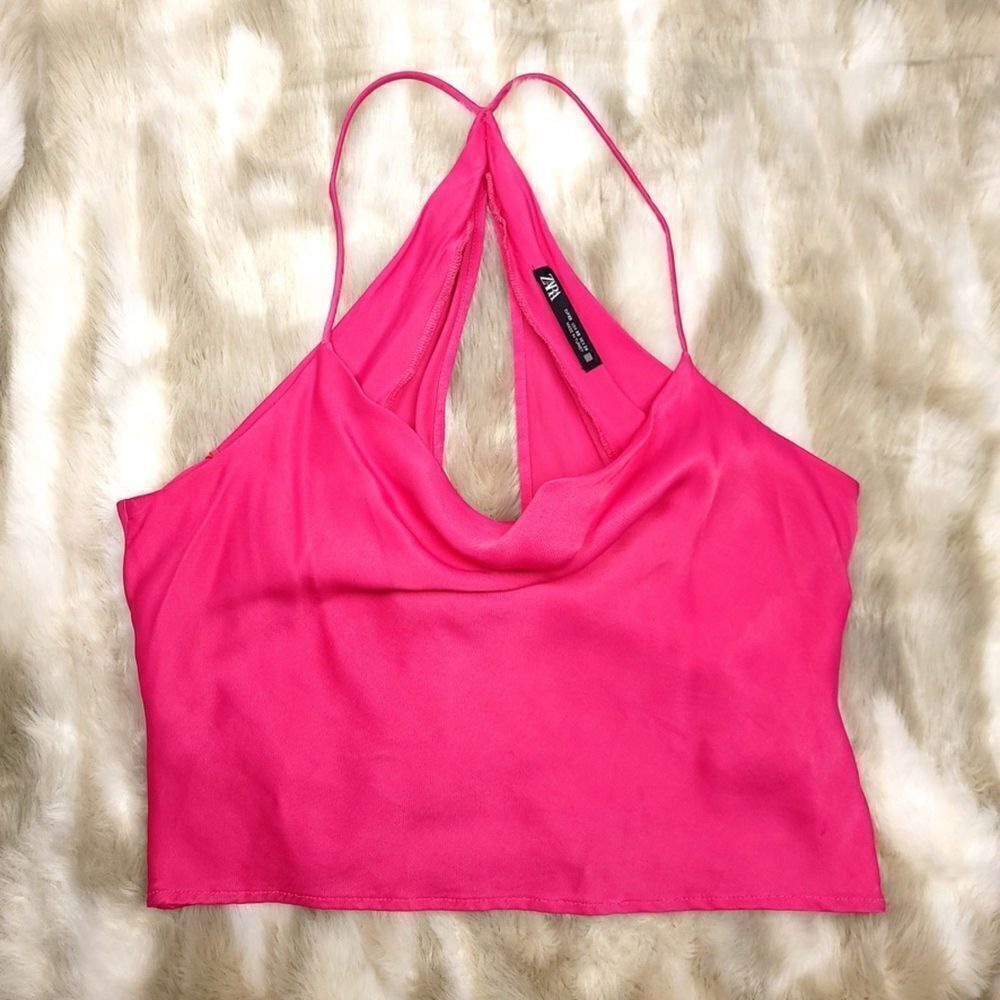 ZARA Satin Effect Cowl Neck Open Back Cropped Cami Top in Barbie Pink 90s Y2k XS